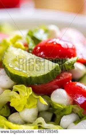 Fresh Lettuce Macro Shot. Salad With Baby Mozzarella Cherry Leaves Iceberg. Olive Oil In Salad. Sala
