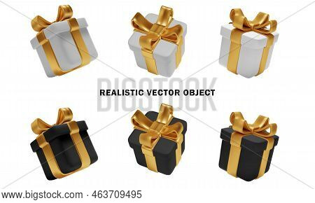 Gift Boxe White And Black With Gold Ribbo And Bow Set Isolated. Collection Realistic Gift Presents, 