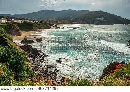 Storm In Atlantic Ocean Bay In Bakio, Small Touristic Village Near Bilbao, Basque Country, Spain