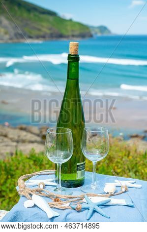 Tasting Of Txakoli Or Chacolí Slightly Sparkling Very Dry White Wine Produced In The Spanish Basque