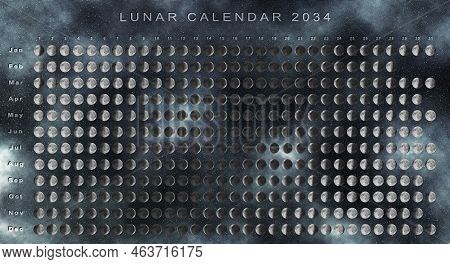 Lunar Calendar 2034 Southern Hemisphere, Astrological Calendar, Moon Calendar