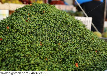 Heap Of Fresh Delicious Chiltepin At Market