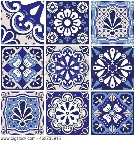Mexican Talavera Style Seamless Tile Vector Pattern Collection With Flowers, Coo Decorative Tiles Bi