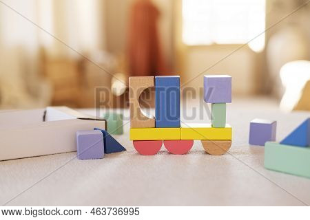 Colorful Wooden Blocks On Home Table. Creativity Toys. Children Building Blocks. Geometric Shapes - 