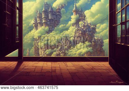 Magestic Medevial Castle City In Cloud Mountain. Fantasy Backdrop. Concept Art. Realistic Illustrati