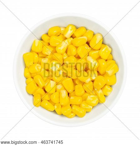 Sweet Corn Kernels, In A White Bowl Over White. Cooked Canned Yellow Vegetable Maize, Zea Mays, Also