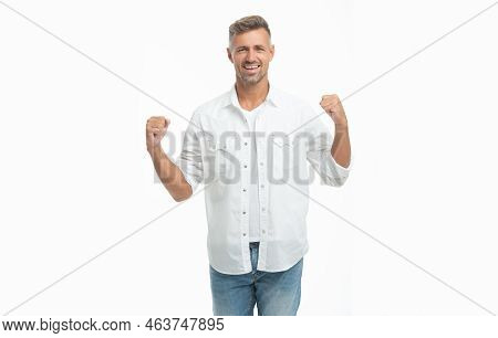 Winning Grizzled Guy Style. Studio Shot Of Grizzled Guy. Mature Grizzled Guy Isolated On White