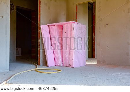 A Few Packets Of Styrodor, Pink Layers Waterproof Thermal And Hydro Insulation Material Wrapped In N