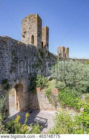 View Of The Medieval City Walls In Monteriggioni, Tuscany, Italy