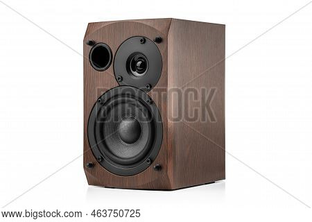 Music Speakers On White Background. Audio Technica. Bookshelf Speaker System For Home Entertainment.