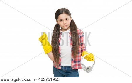 Cleaning Routine. Girl Wear Headphones And Gloves For Cleaning. Instead Of Procrastinating Try Make 
