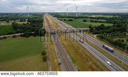 Brecht, Belgium, 6th Of July, 2022, Panoramic Aerial Drone View Of Wind Farm Or Wind Park, With High
