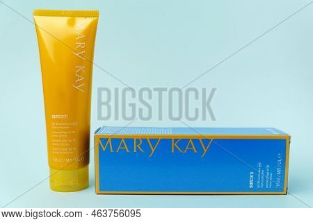 Tyumen, Russia-july 19, 2022: Skin Care Products From The Company Mary Kay. Suncare Cream. Blue Back