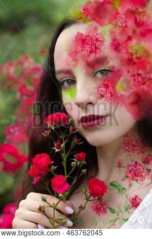 A Romantic Looking Woman Is Gently Holding Wild Roses With Watercolor Paintings.