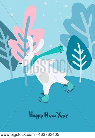New Year Greeting Card With Water Rabbit, Zodiac Animal For 2023 In The Night Forest And Hand-letter