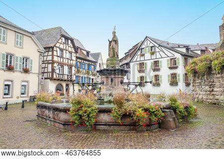 Eguisheim, France - October 4, 2021: Beautiful View Of The Historic Town Square Of Eguisheim, A Popu