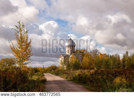 Saviour Church On Nereditsa Hill Near Novgorod. Scenic Autumn Landscape With Ancient Russian Orthodo