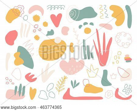 Organic Shapes Set On White Background. Hand Draw Abstract Design Elements In Pastel Color. Kids Cut