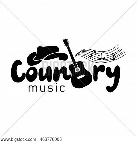 Country Music Poster With Cowboy Hat And Guitar. Vector Illustration
