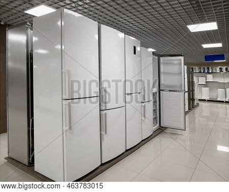 Rows Of Refrigerators In A Home Appliance And Electronics Store. The Choice Of Refrigerators For Buy