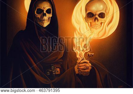 Portrait Of A Dangerous Person With Skull Makeup Dressed In A Black Robe With A Hood Holding A Human