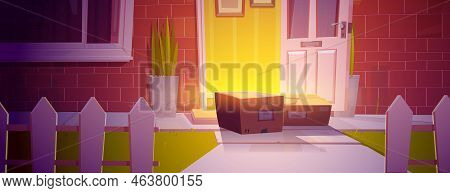 Boxes Front Of Open Door, Delivery Service Concept With Parcels Lying On Step Mat Front Of Home Entr