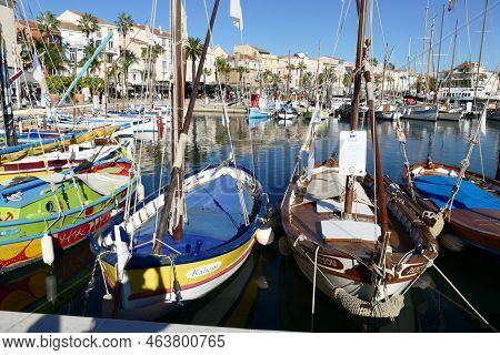 Sanary Sur Mer, France - November 6, 2021: Scenic View To Harbor With Colorful Wooden Fishermens Boa