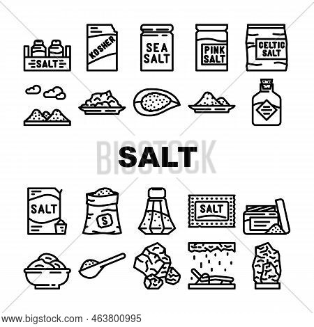 Salt Sea Food Crystal Powder Icons Set Vector. White, Sodium Seasoning, Bowl Mineral Pile, Shaker, C
