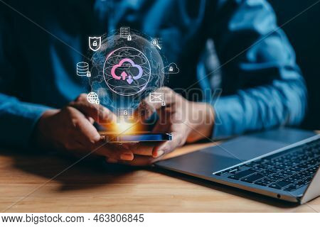 Cloud Upload And Download On System Network. Businessman Use Mobile Phone, Cloud Computing To Lock A