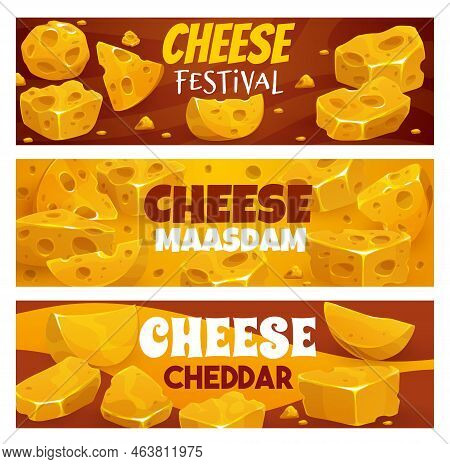 Maasdam, Emmental, Cheddar Cheese. Dairy Product Banners With Parmesan, Camembert And Edam Hard Chee