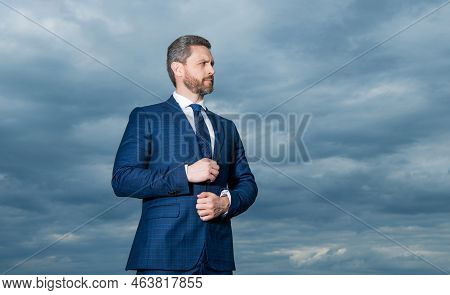 Businessman Looking Aside Sky Background. Businessman In Suit. Serious Grizzled Businessman