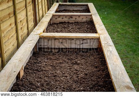 Close Up Of Large Wooden Planter Vegetable Box Containers In Backyard Garden Filled With Fresh Organ