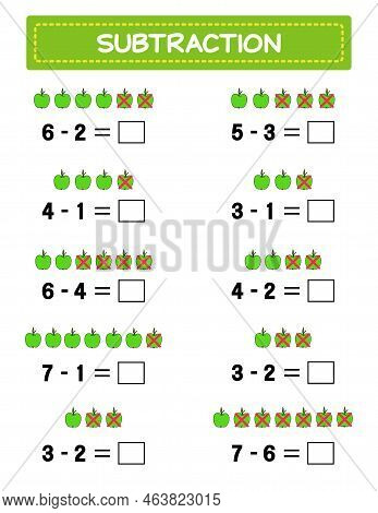 Subtraction.  Math Worksheet For Kids. Developing Numeracy Skills. Solve Examples And Write. Mathema