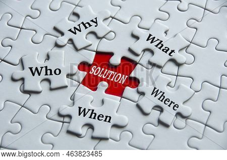 Text On Jigsaw Puzzle - Why, What, Where, Who, When And Solution. Fact Findings And Problem Solving 