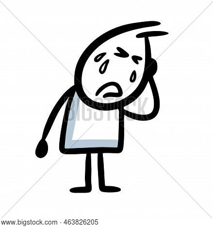 Very Sad Cartoon Stickman Crying With Tears.