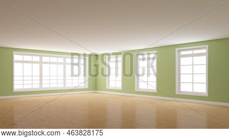 Empty Corner Of The Green Interior Whith Four Windows, Light Glossy Parquet Floor And A White Plinth