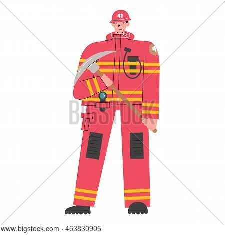 Firefighter Character In Red Uniform Holding Pickaxe. Male Fireman With Full Preparation Isolated On