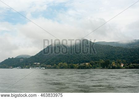 Town Of Visegrad And Ferry Terminal . View From Nagymaros, Danube Bend. The Danube River.