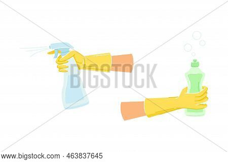 Hand In Yellow Glove Cleaning With Spray Detergent Bottle Vector Set