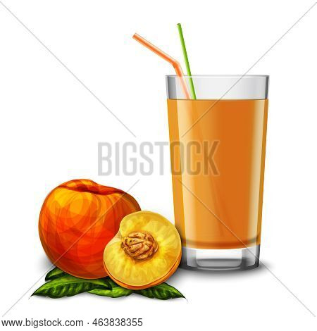 Realistic Glass Full Of Juice With Cocktail Straw And Peach Fruit Isolated On White Background Vecto