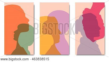 Social Media Covers Set. Womens Head Silhouette. Abstract Diversity Girls Profile. Female Community.