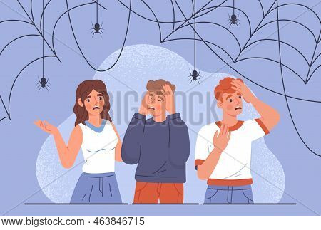 Fear Of Spiders. Men And Woman In Scary Dark Place With Cobwebs With Archaphobia. Stress And Panic, 