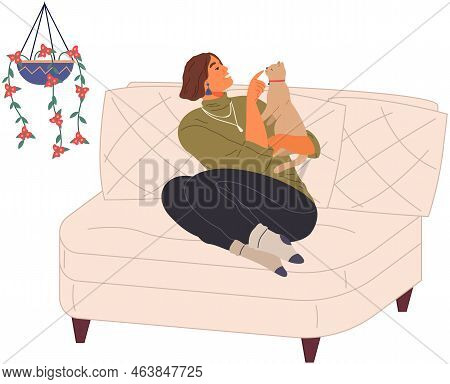 Pet Owner Female Character Plays With Cat, Holding Fluffy Kitty On Her Hands Talking To Him. Caring 