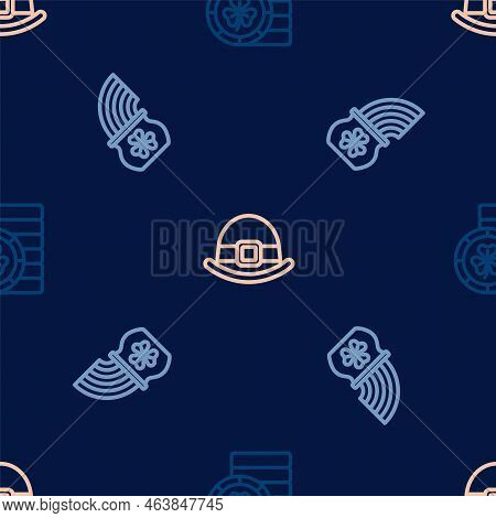Set Line Golden Leprechaun Coin, Pot Of Gold With Rainbow And Leprechaun Hat On Seamless Pattern. Ve