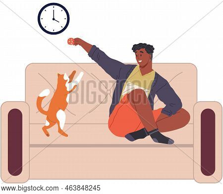 Male Pet Owner With Cat Training, Playing With Ball. Caring For Four-footed Friend Concept. Happy Gu