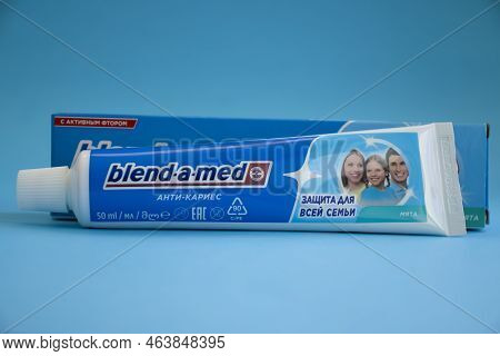 October 9, 2022 Ukraine City Kyiv Toothpaste Blend-a-med On A Colored Background