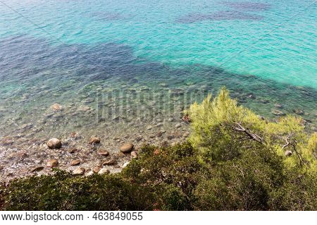 Akti Koviou Beach On Sithonia Peninsula, Chalkidiki, Greece. Summer Vacation Travel Holiday Backgrou