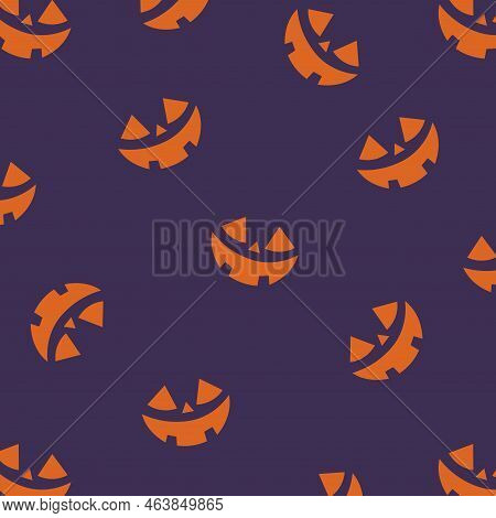 Halloween Funny Seamless Pattern With Jack-o-lantern Orange Smile Faces On Violet Background. For Fa