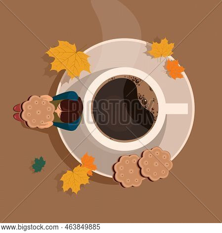 Autumn Poster For Your Design. Gigl Sits Near Hot Cup Of Coffee With Cookie And Autumn Leaves Around