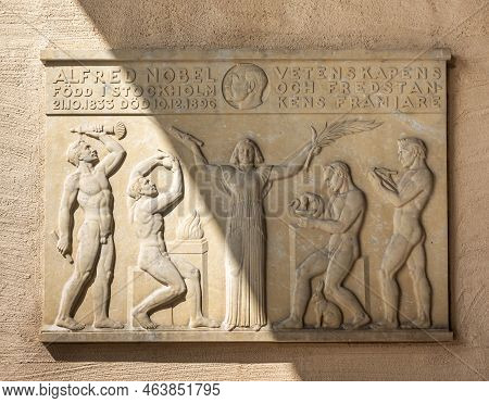 Sweden, Stockholm - July 16, 2022: Outside Wall Of City Hall Or Stadshuset, Stone Sculpture Epitaph 